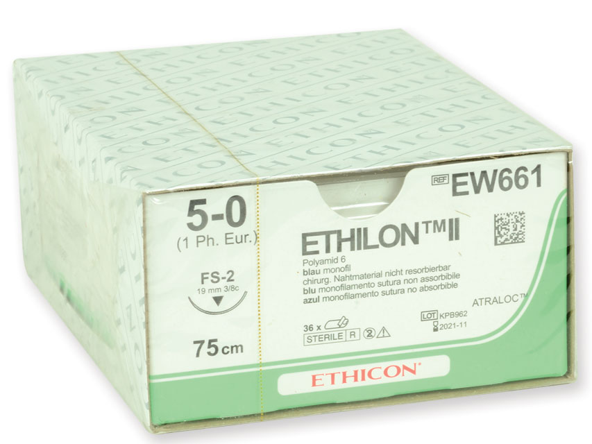 ETHICON ETHILON monofilamenta šuvju materiāls.Izmērs 5/0, adatas garums 19 mm