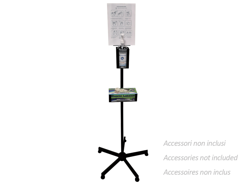 Stends roku dezinfekcijas līdzekļa dozatoram un cimdiem.