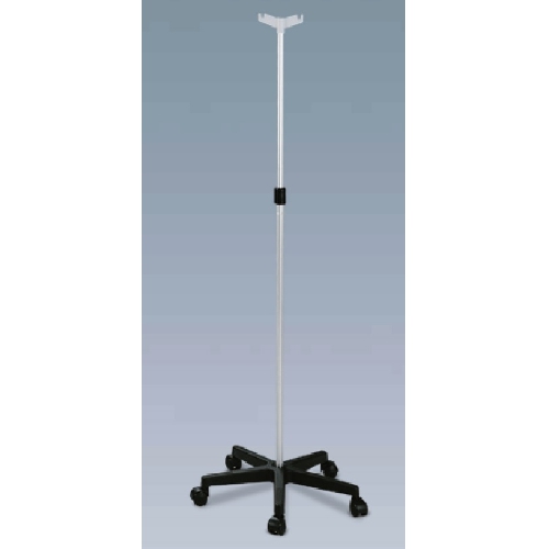 Anodizēta alumīnija infūzijas sistēmu statīvs ar plastmasas pamatni, ar skrituļiem- ar 2 plastmasas āķiem