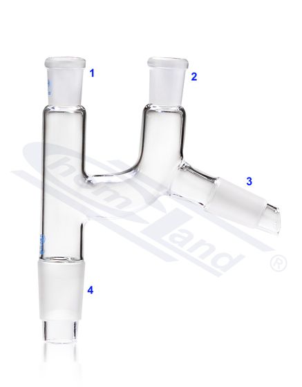 Destilācijas adapteris, Claisen galviņas, konuss kolbai 24/29, konuss kondensatoram 19/26, 2x ligzda 14/23