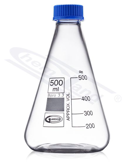 konusveida kolba no stikla ar zilu skrūvējamu vāciņu ar PTFE blīvējumu 0250ml GL32 ASTM E-438