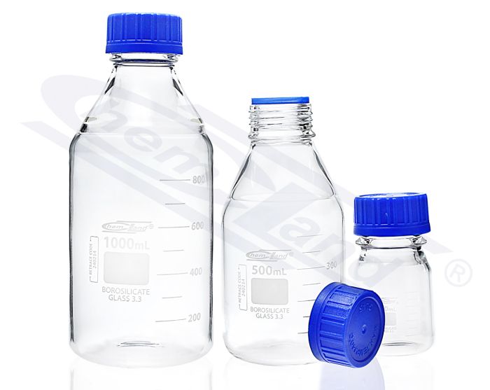 pudele ar skrūvējamu vāciņu BORO 3.3 GL45 00100ml CHEMLAND NEW LINE