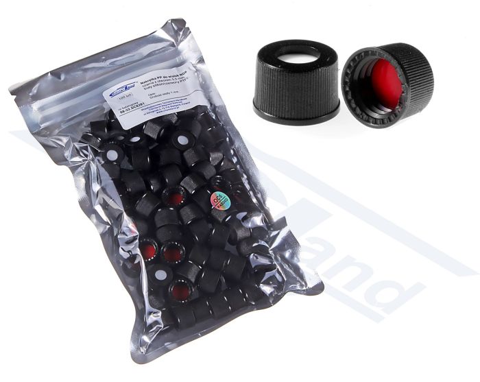 Aizskrūvējams vāciņš PP flakoniem ND8 ar caurumu 5,5 mm, melns, septes balts silikons / sarkans PTFE pgk.100gab.
