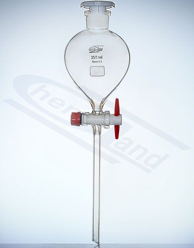 Atdalīšanas piltuve bumbiera formas ar aizbāzni PP ligzda 19/26 aizbāzni PTFE0250ml