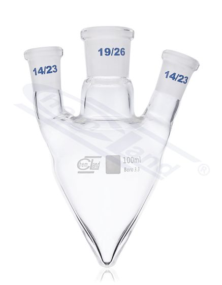 bumbiera formas kolba 3 kakliņi 100ml, centrālā ligzda 19/26 - vertikālais kakliņš - 14/23 - sānu leņķveida kakliņš - 14/23