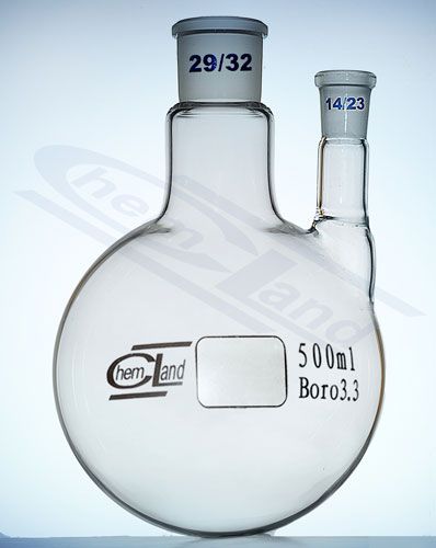 kolba ar apaļu dibenu, 2 kakliņi taisni 00050ml 19/26 un 14/23