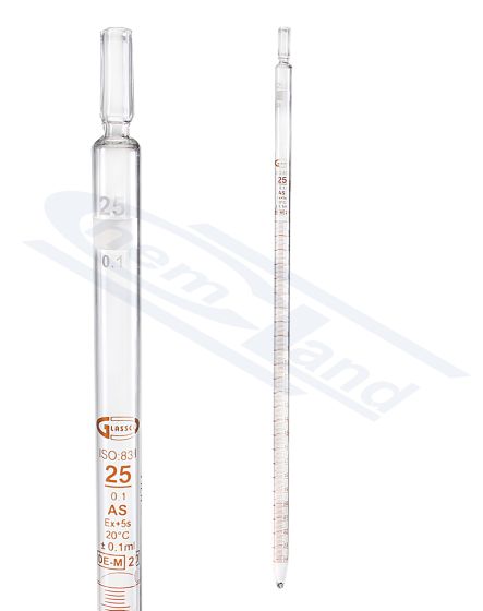 mērīšanas pipete GLASSCO 025 (0,10) cl.AS sērijas sertifikāts brūna graduācija